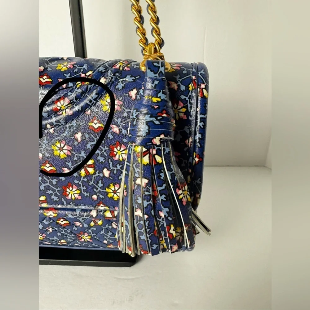 TORY BURCH FLEMING PRINTED SMALL CONVERTIBLE SHOULDER BAG BLUE WILD PANSY